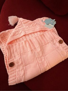 XMWEALTHY Pink Cable Knit Hooded Baby Swaddle Blanket Sleeping Bag Tassel NEW